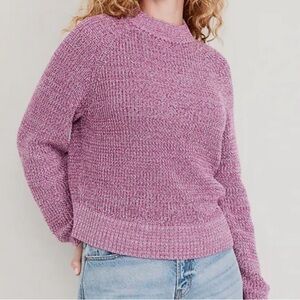 100% Cotton - Women's Loose Fit Shaker-Stitch Pink Crewneck Sweater